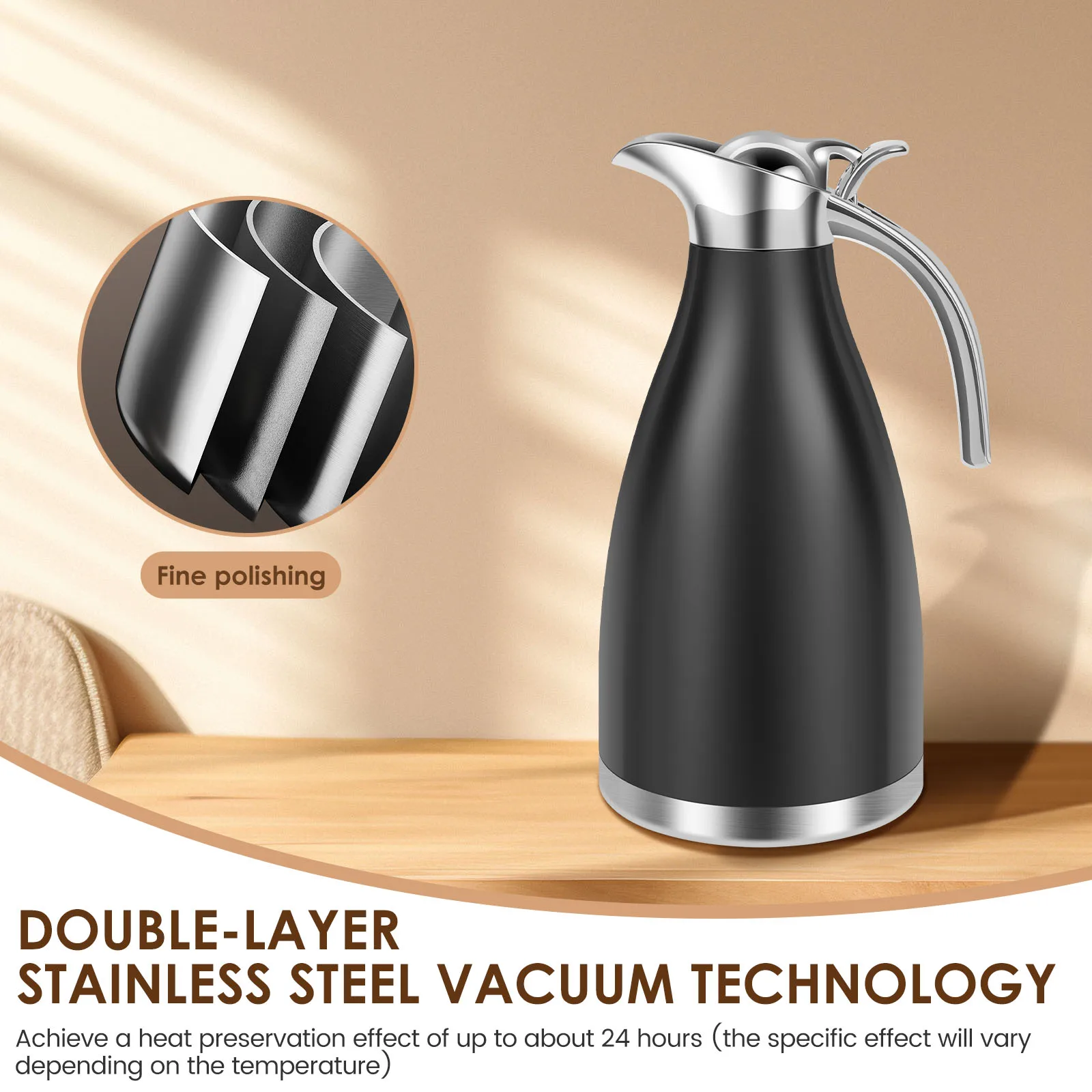 2L Thermal Pot Flask for Coffee, Hot Water, Tea, Hot Beverage Stainless Steel Dispenser with Pump Large Coffee Thermos Dispenser