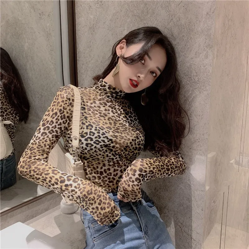 Women Retro Half High Collar Leopard T-shirt Female Autumn Sexy Slim Long-sleeved Mesh T-shirt Perspective Bottoming Tight Top 3