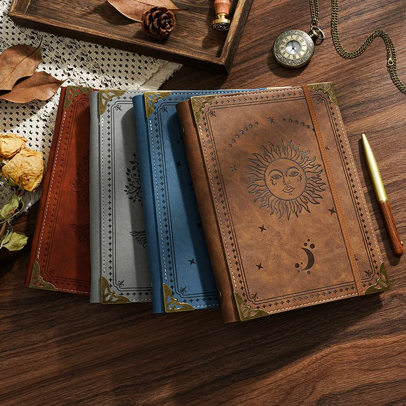 Refillable Leather Journal with Retro Tree & Sun Design - Witchy Notebook