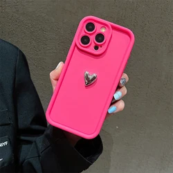 Silver Heart Silicone Soft Phone Case - Shockproof Candy Matte Cover for iPhone 15 Pro Max (Rose red)