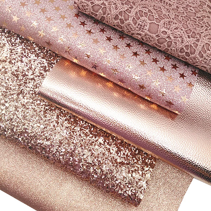 Rose Gold Chunky Glitter Leather Sheet Matallic Faux Leather Shimmer Glitter Lace Embossed Leather for DIY 21x29CM Y077