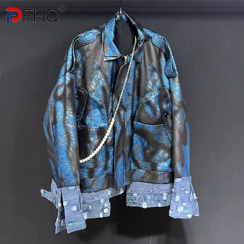 

PFHQ Men's Heavy Industry Coat Loose Large Pocket Denim Patchwork Worn Out Autumn Personality Streetwear Sports Jackets 21Z3045