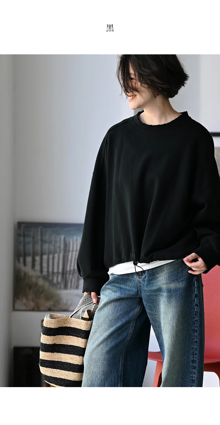 R7151C Artistic Retro Brushed Drawstring Round Neck Pullover Loose Batwing Sleeve Short Sweatshirt for Women Autumn