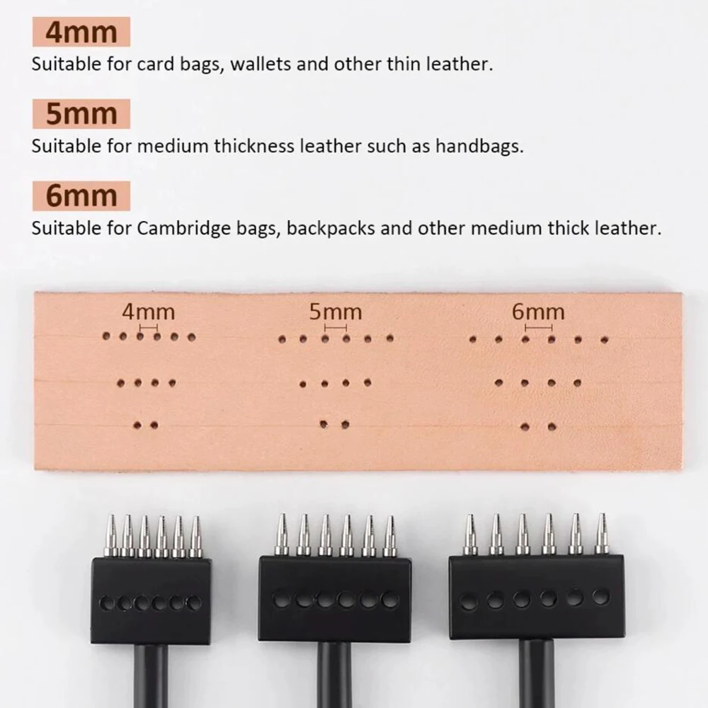 4/5/6MM Black Leather Stitching Sewing Punches 2+4+6 Prong Leather Craft Spacing Punch Accessories for Wallet Belt Hole Puncher