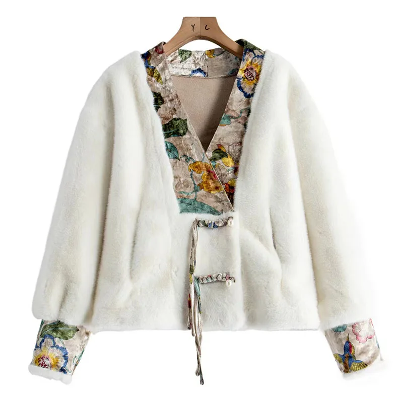 2024Autumn/Winter Women New Plush Jacket Faux Fur Coat Outerwear Mink Velvet Fabric V-Neck Chinese Style Off Season Discount