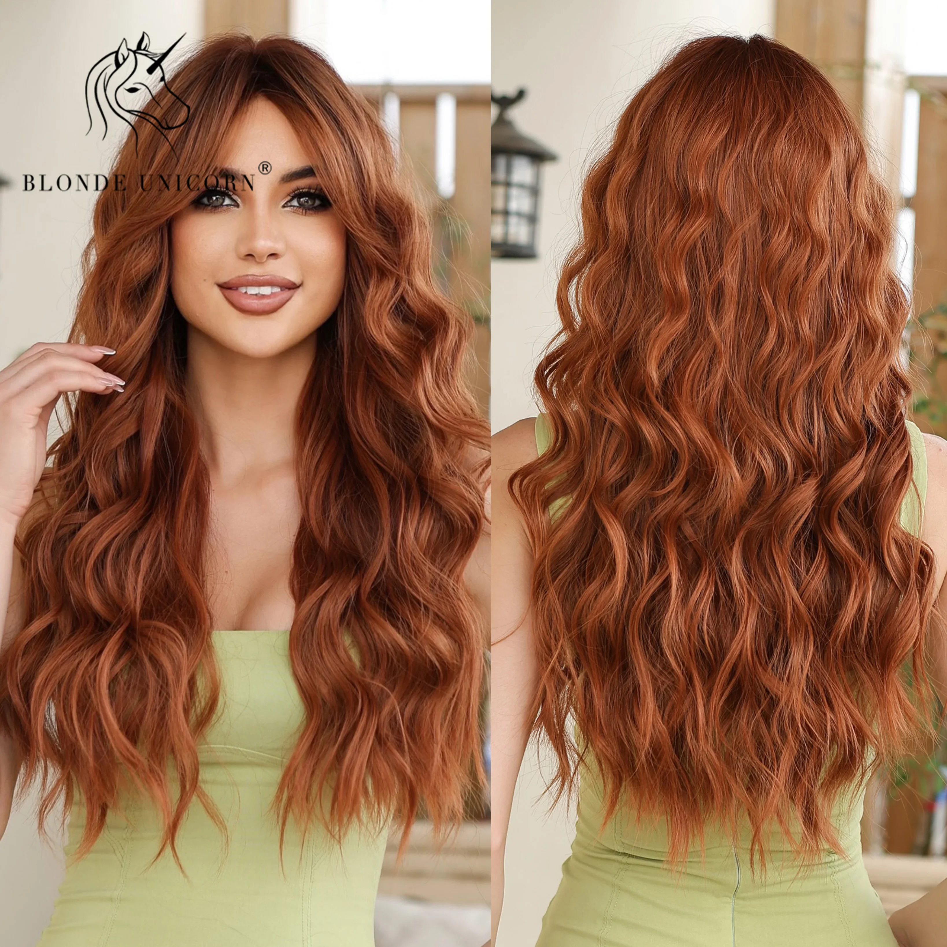 

Длинный синтетический термостойкий парик апельсинового имбиря для женщин, парики для повседневного использования, волнистые волосы с челкой