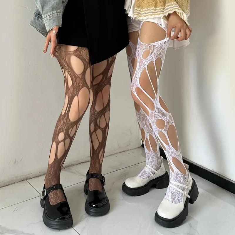 Women Broken Hole Stocking Punk Sexy Holes Fishing Gothic Y2k Lace Torn Pantyhose Goth Fishnet Tights