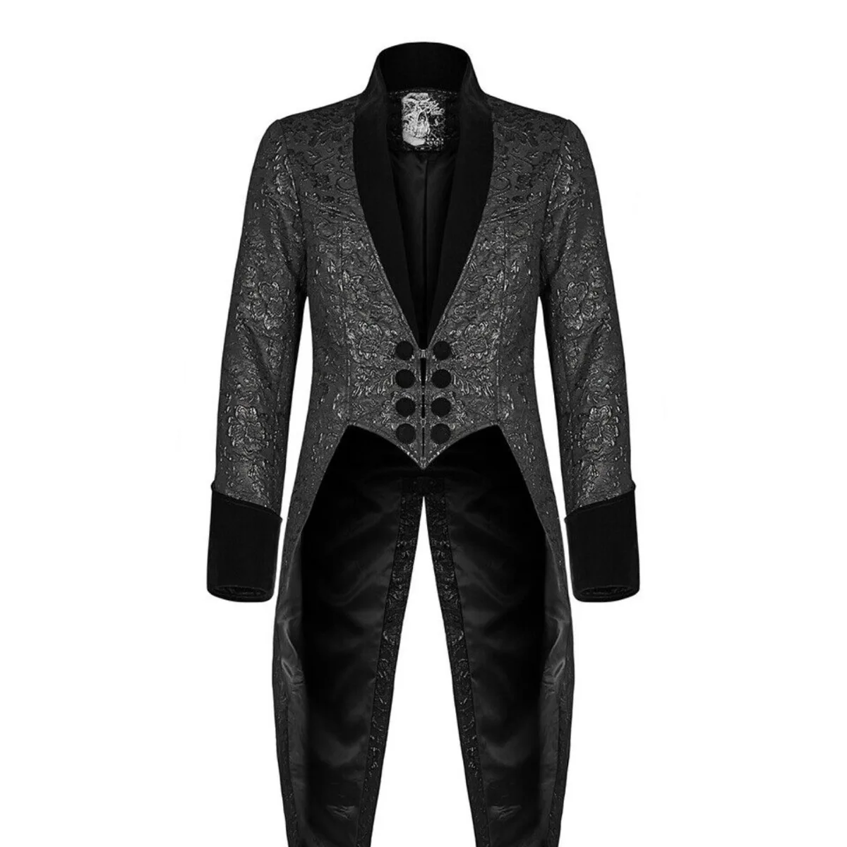 Fashion Gothic Steampunk Tailcoat Jacket for Men Black Jacquard Satin Wedding Brocade Coat