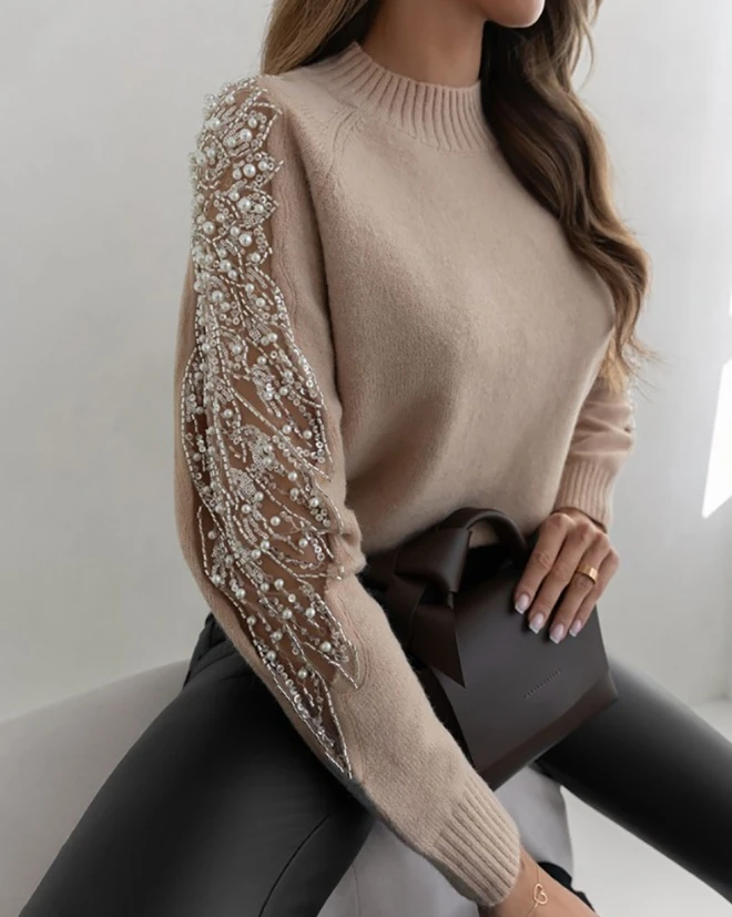 Pullover Tops for Women 2023 Autumn Winter Y2K Long Sleeve Contrast Sequin Beaded Sheer Mesh Patch Knit Slim Fit Sweater