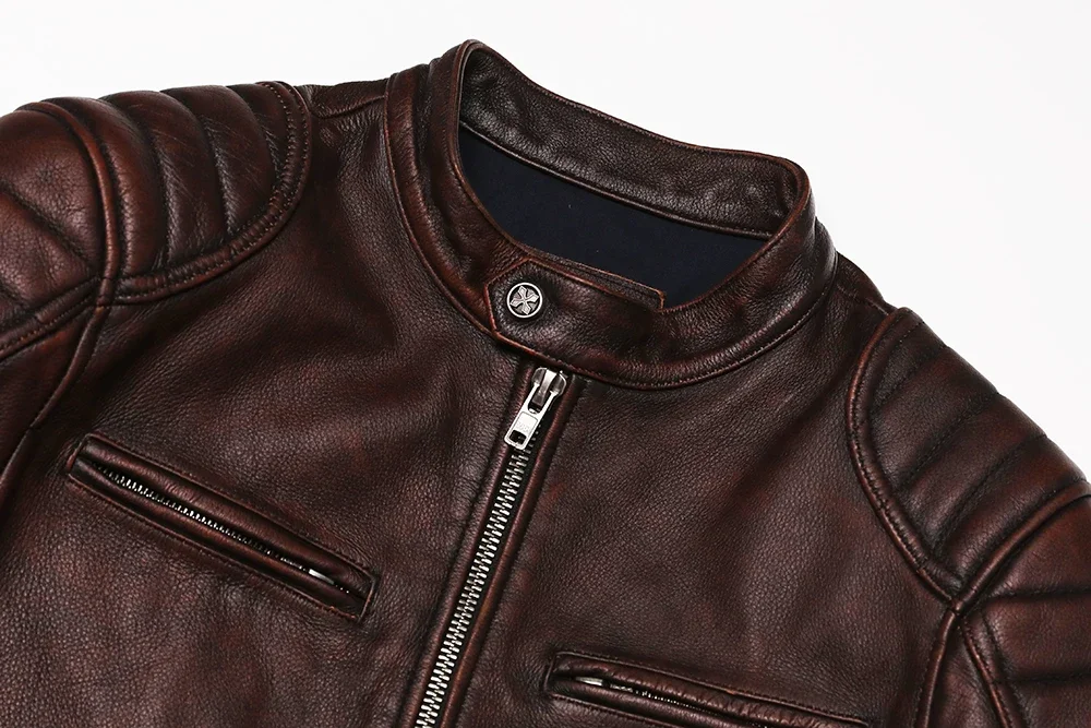 Genuine Leather Motorcycle Jacket - Vintage Brown Cowhide Biker Coat for Men