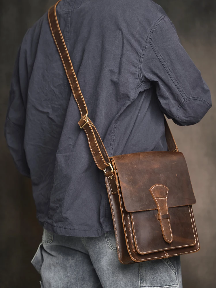 Borse a tracolla Messenger per uomo borsa a tracolla con cerniera piccola in vera pelle Casual borsa a tracolla piccola semplice da uomo - immagine 5