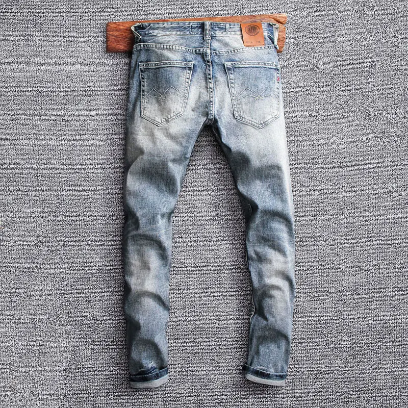 Streetwear Fashion Men Jeans Retro Light Blue Stretch Slim Fit Ripped Jeans Men Buttons Fly VIntage Designer Denim Pants Hombre