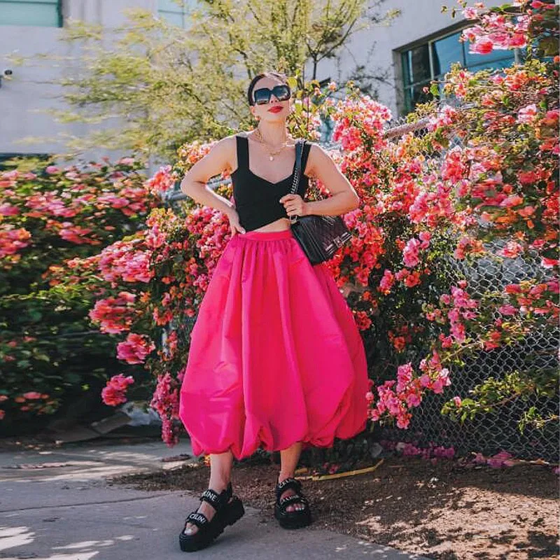 

Rose Pink Satin Skirts High Waist Custom Made Tea Length Yong Girls Birthday Skirt For Photo Shoot Women Causal Skirts