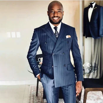 Nuovo arrivo vestito maschile a righe blu formale Casual smoking da sposa 2 pezzi Business Peak bavero doppio petto Blazer con pantaloni