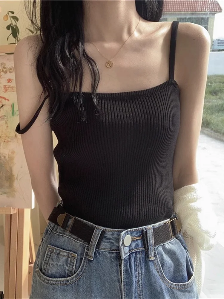 Ele White Knitted Strap Vest Women's Summer Inner Wear Hong Kong Sle Unique Exquisite Outerwear Svel Top