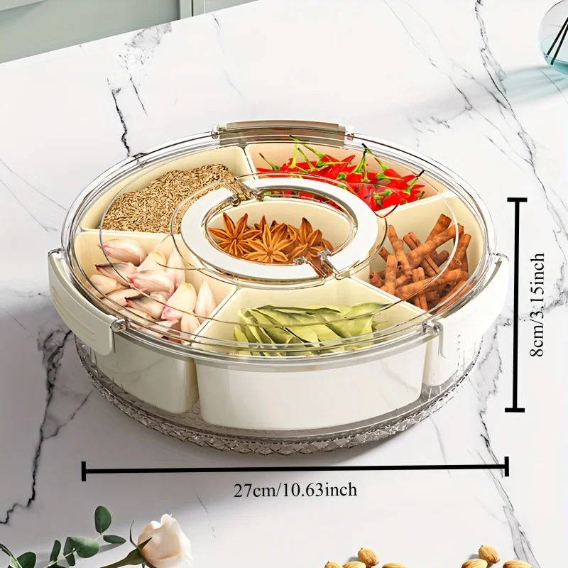 1pc 360° Rotating Snack Organizer with 6 Compartments,Leakproof Lid,Ergonomic Handle, Space-Saving Design for Fruits/Nuts/Candy