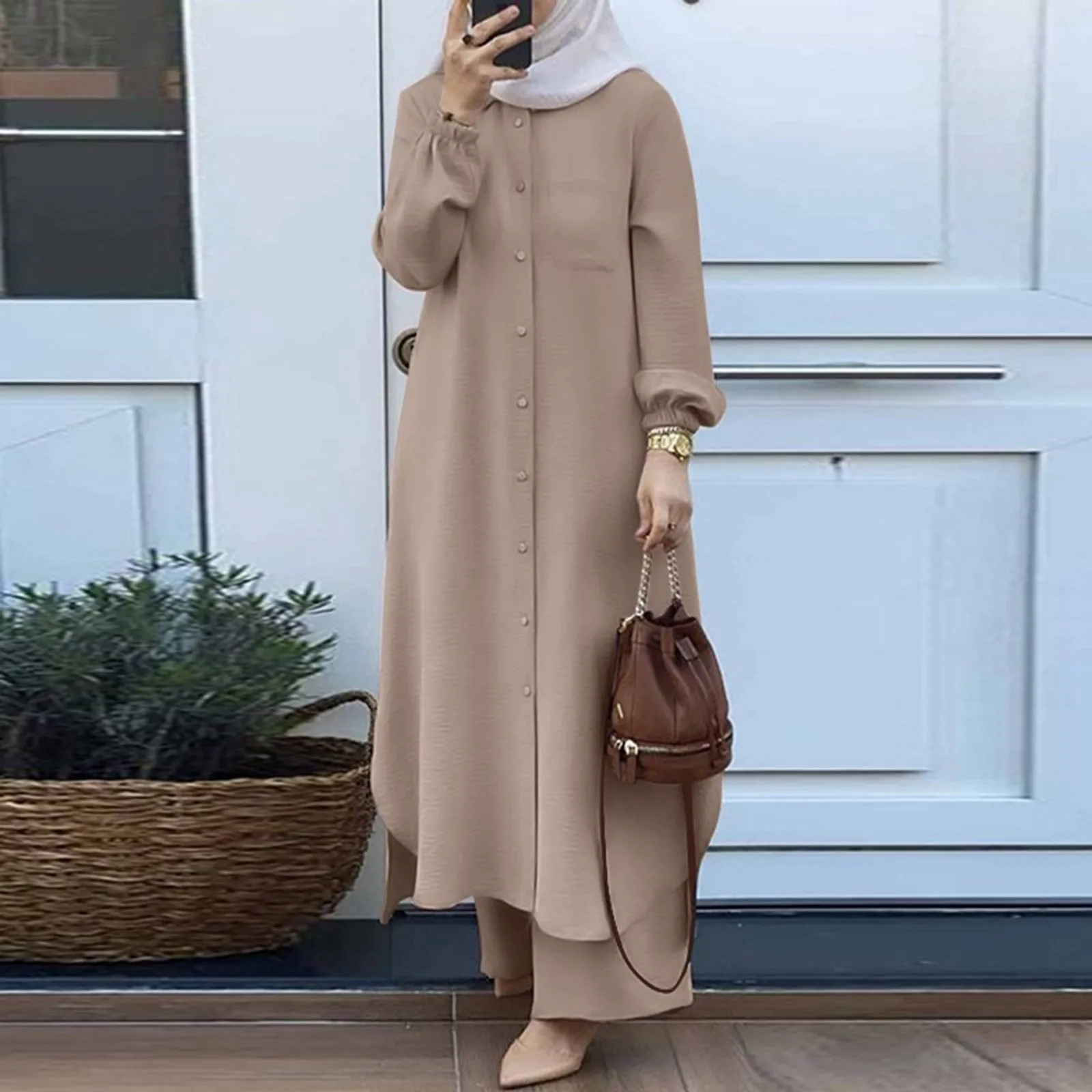 Women'S Muslim 2 Pieces Sets Long Sleeve Button Down Shirt And Pants Abaya Casual Dress Dubai Outfits