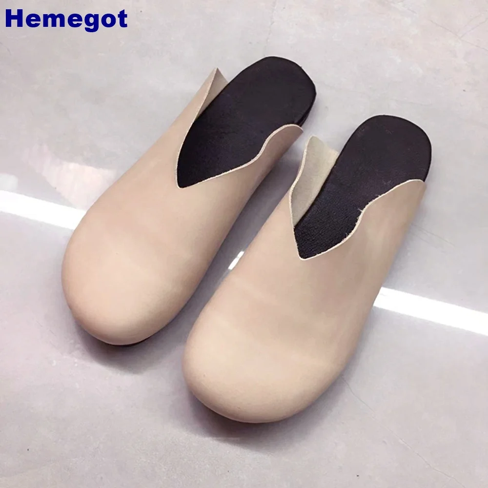 Round Toe Genuine Leather Retro Slippers 2024 Summer Outdoor Casual Solid Color Flat Slippers Women Slip On Closed Toe Slides