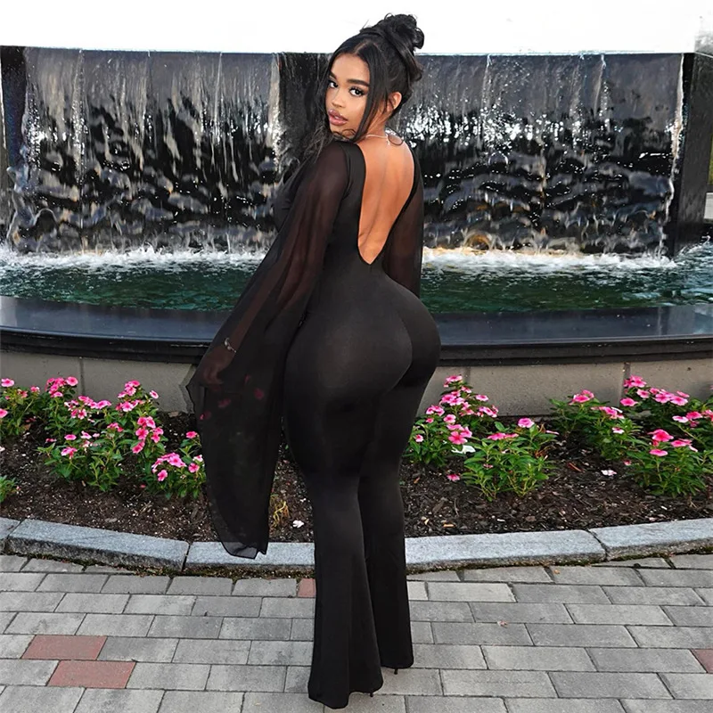 INSStyle Autumn and Winter New Women's Clothing Fashion SexyVWomen's Low-Cut Backless Slim Fit-Cut JumpsuitCok