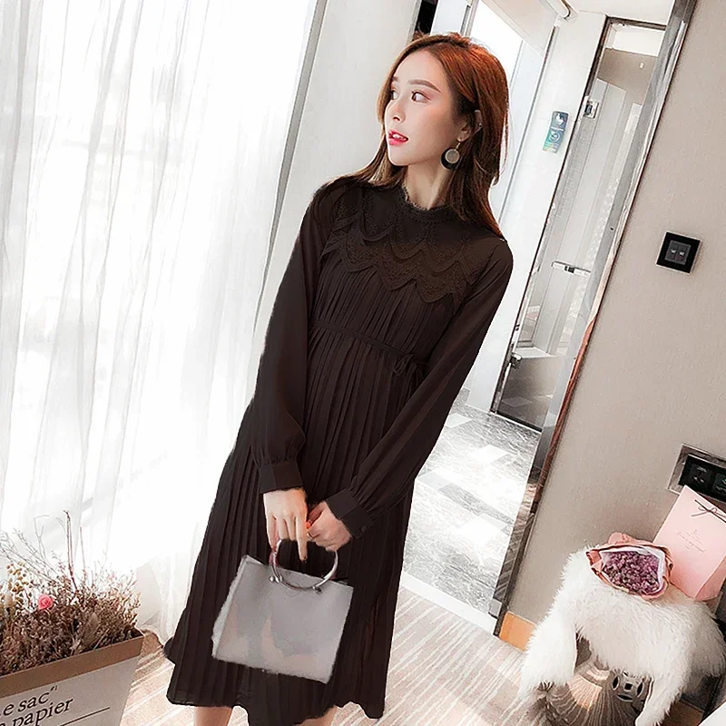 9310# Autumn Korean Fashion Pleated Chiffon Maternity Long Dress Loose Straight Clothes for Pregnant Women Pregnancy Clothing