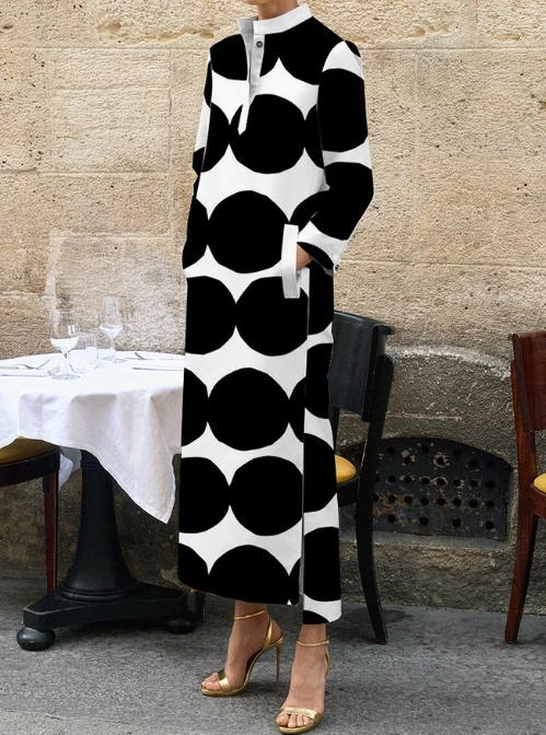 

Женское Повседневное платье с принтом, элегантное платье с воротником-стойкой, длинным рукавом, карманами и пуговицами, Осень-зима-весна 2023