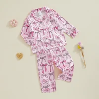 2Pcs Girls Satin Pajamas Set Long Sleeve Bow Print Button Down Shirts and Pants Set Sleepwear 1