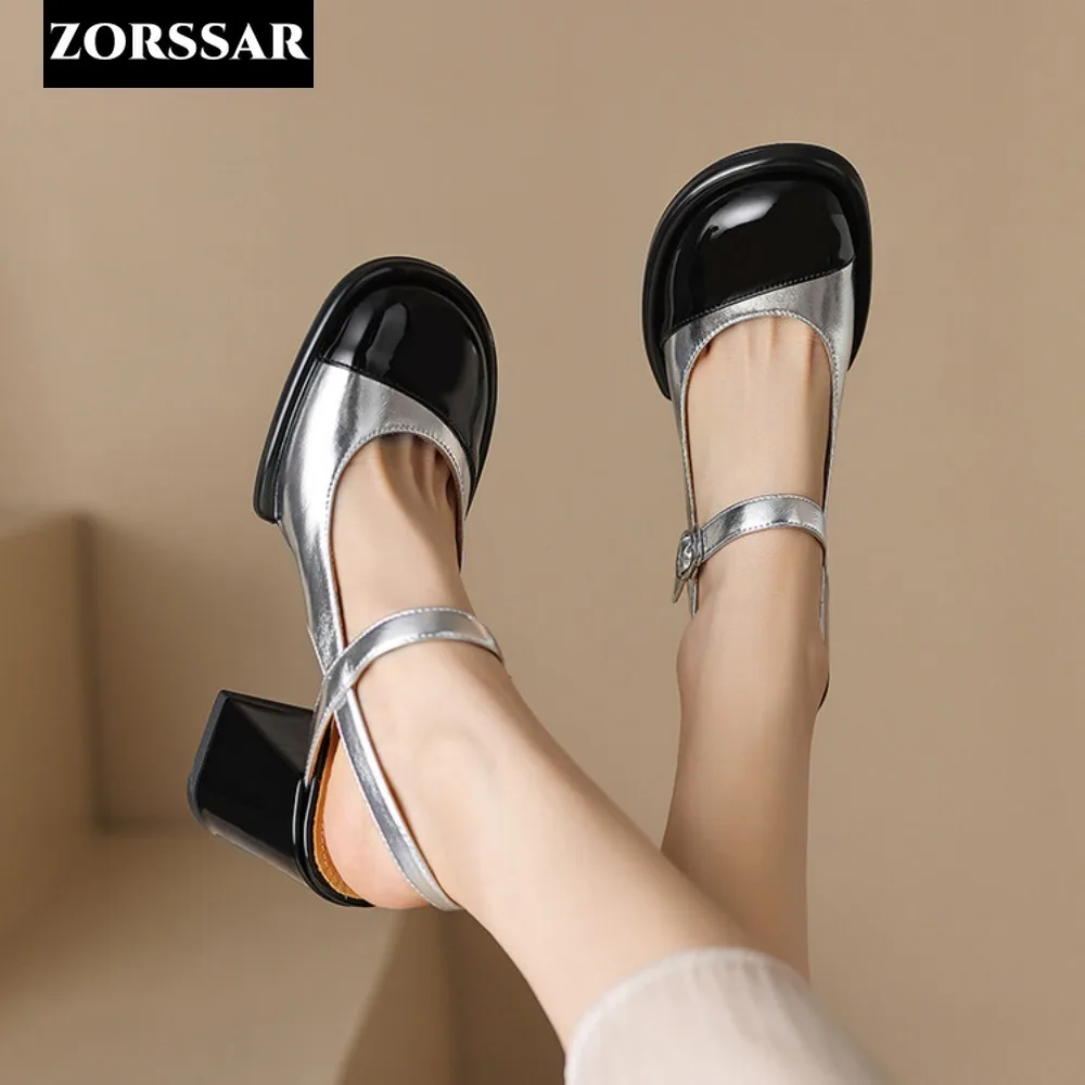 Gold Silver High Heels for Women Fashion Round Toe Genuine Leather Slingbacks Pumps Elegant Lady Heeled Shoes Summer Sandal