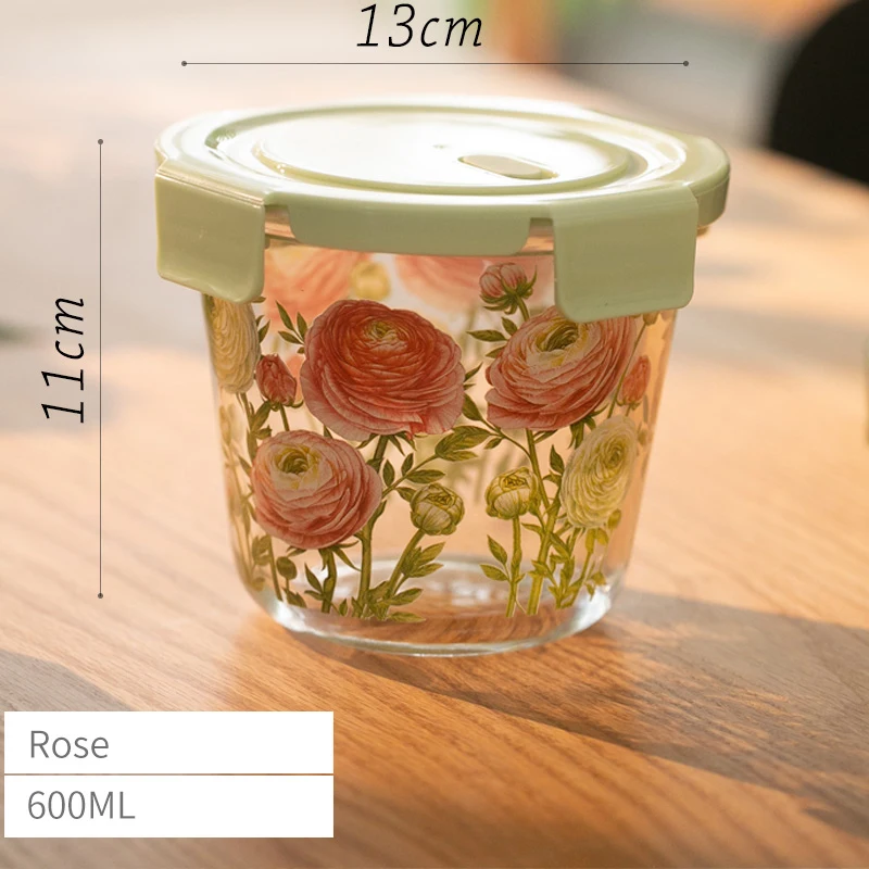 Food Storage Box French Vintage Flowers Heat-resistant Fresh-keeping Sealed  Box Picnic Bento Fruit Round Glass Bowl with Lid