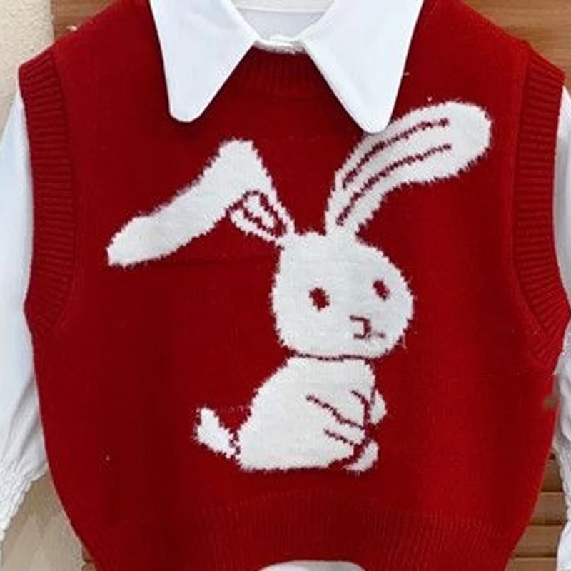 Girls Pullover Sweater Vest Spring Girls' Fashionable and Cute Little Rabbit Knitted Vest Baby Kids Loose and Versatile Top children vest
