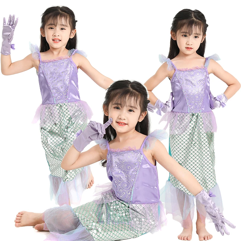 

Summer Kids Girls Print Purple Princess Dress With Gloves Ail Maxi Dress Costume Princess Birthday Party Dresses For Baby Girl