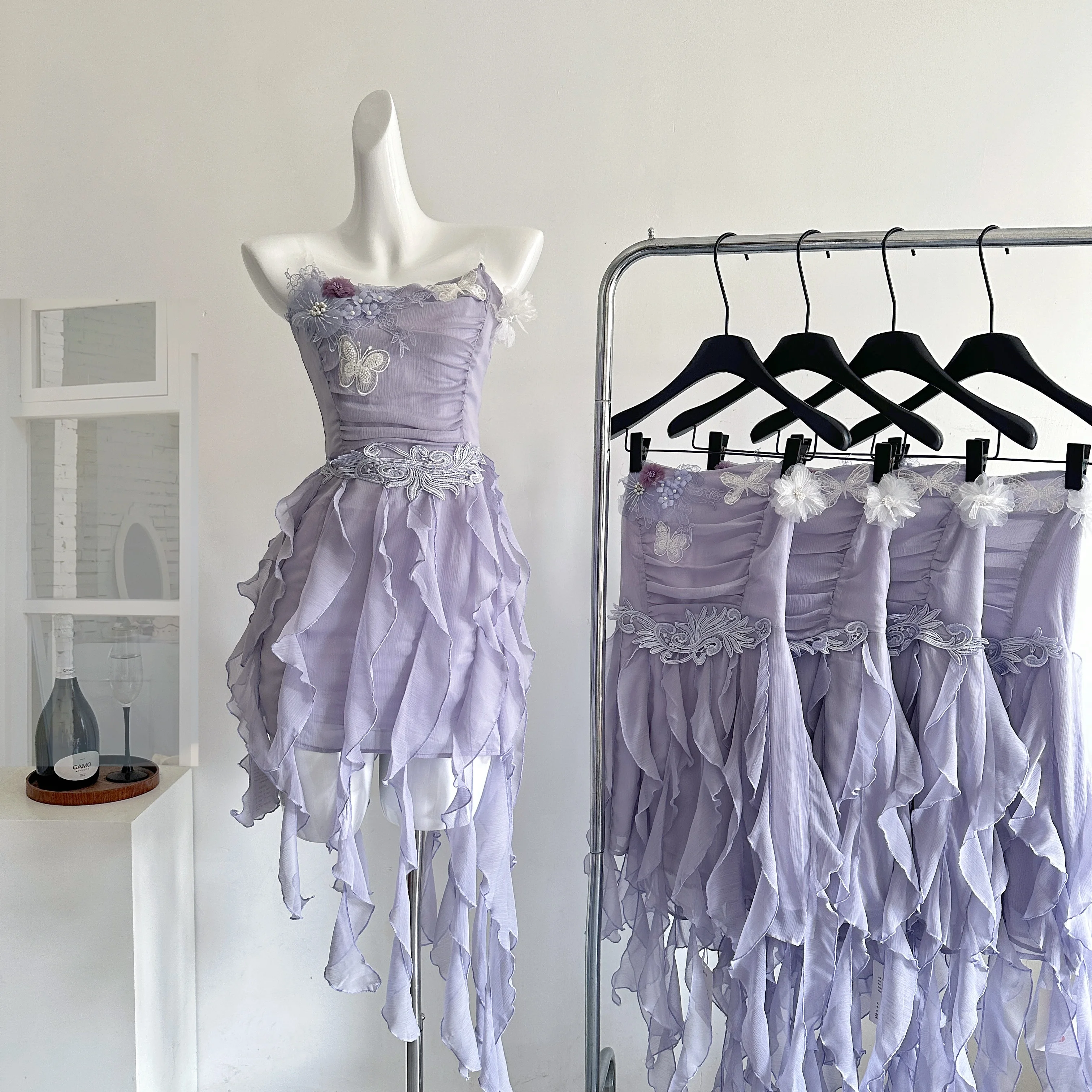 Women's Purple Flower Butterfly Dress Y2K French Casual