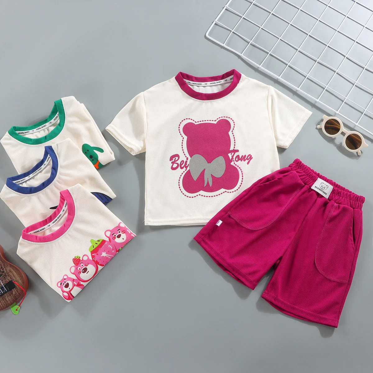 

2024 Summer Kids Casual Clothes 2Pcs/Set Boys Girls Fashion Cartoon Waffle Short Sleeves T-shirt Shorts Suit Children Tracksuits