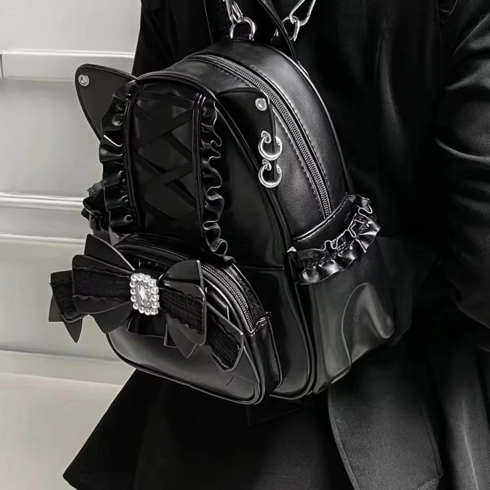 Korean Fashion Y2k Punk Backpack Lace Bow Cat Ear Lotus Lace Decoration Lolita Backbag PU Leather Large Capacity Women Backpack