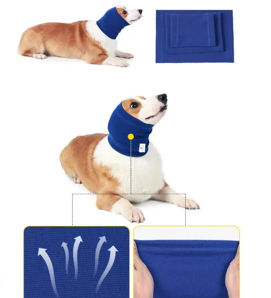 Hond Snood Hond Hals en Oren Warmer Grooming Protection Snood Hoofdband voor Angst Relief Verminderen van lawaai en kalmerende M(Blauw