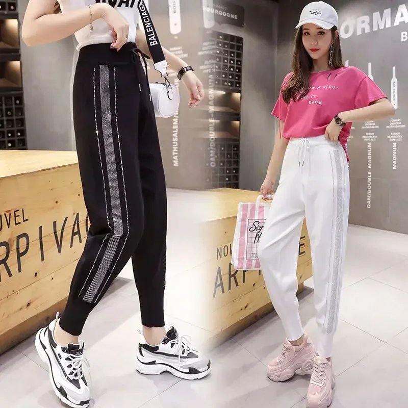Loose Fit Black Knitted Harem Pants for Women with Diamond Rhinestone Decoration Elastic Waistband Sweatpants Cropped Pants 2