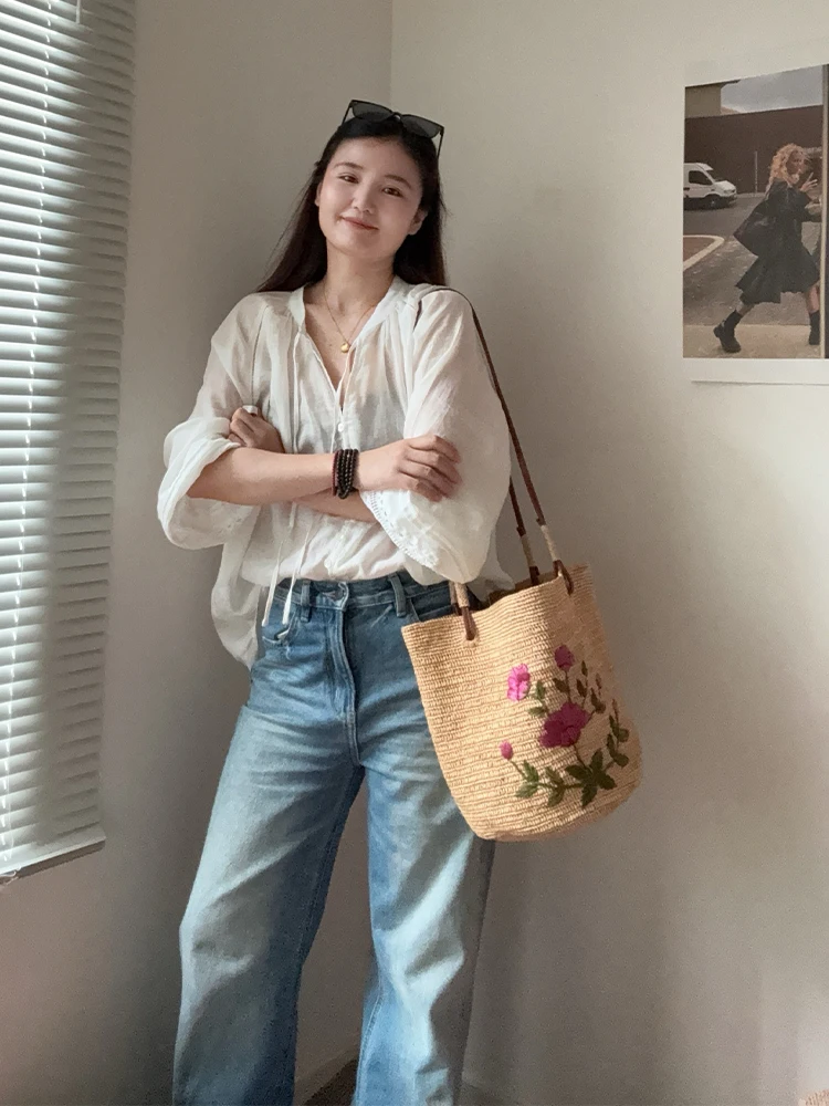 Fashion Cute Flower Bag Embroidery Woven Large Shoulder Bag Handbag Luxury Tote Shopping Vacation Holiday Shopping Bag