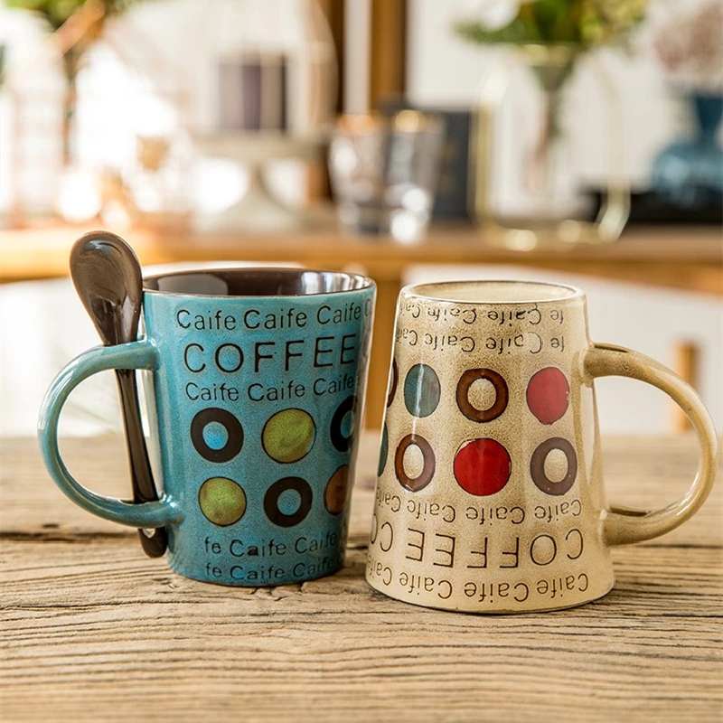 Vintage Coffee Mug Unique Retro Style Ceramic Cups 380ml Kiln Change Clay  Coffee Mug with Lid spoon Creative Gift for Friends