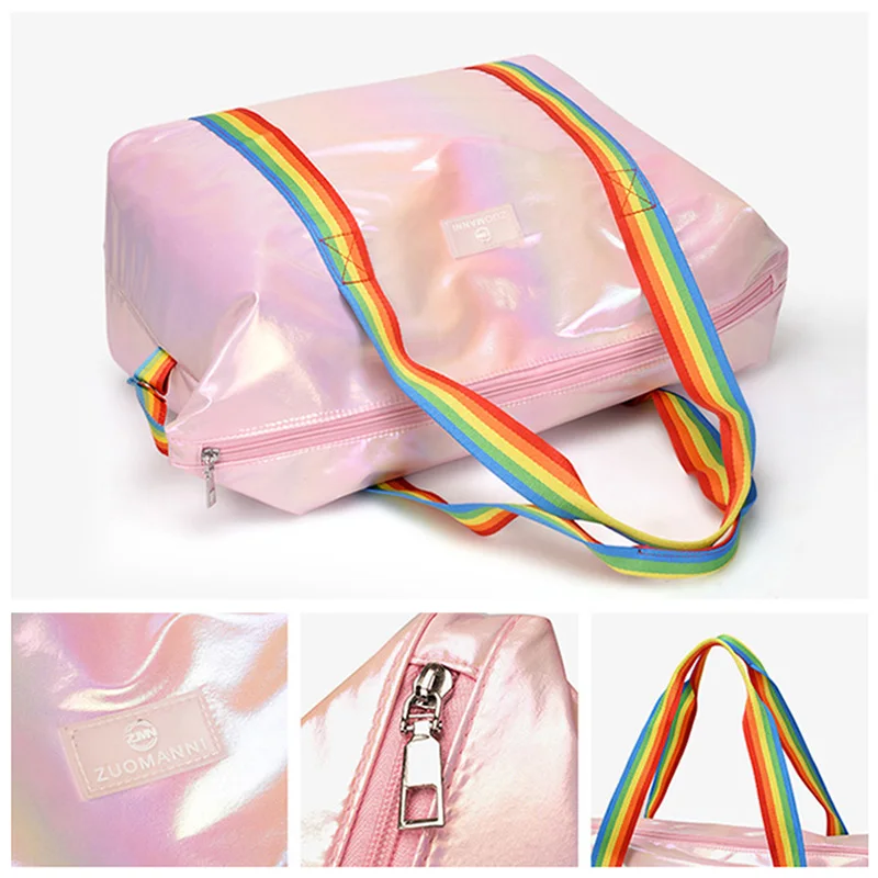 Rainbow Fashion Travel Handbag Women Glitter Shiny Large Capacity Yoga Bag Fitness Gym Tote Ultralight Luggage Duffle XA79