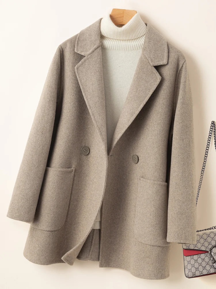 Autumn and winter new 100% pure wool double-sided woolen coat women's mid length high-end casual suit collar woolen coat top