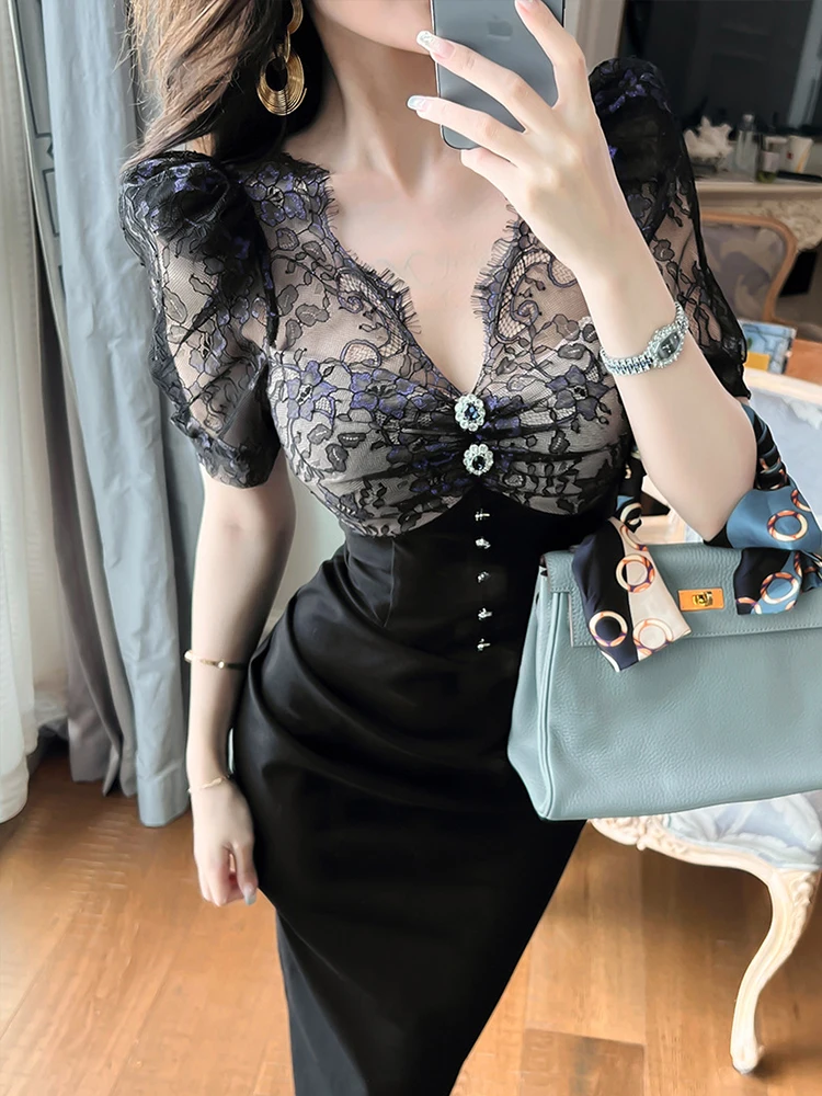 French Women Evening Dress Chic Black See Through Sexy V