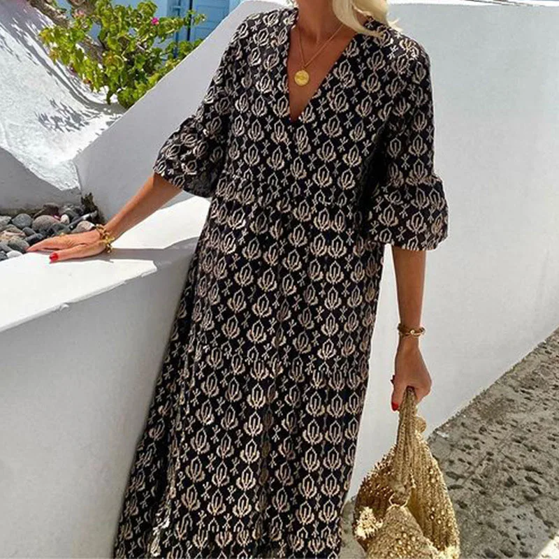 

Spring Lady V-neck Long Dress Women Vintage Loose Pattern Printed Beach Dress Fashion Flared Sleeve Pleated Bohemian Dresses