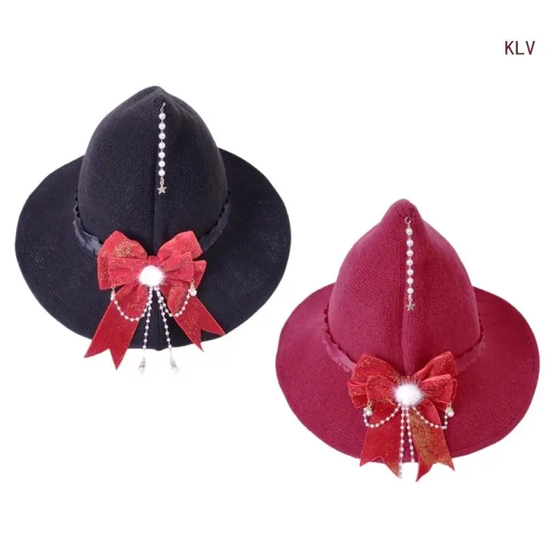 

Halloween Witch Cap Wizard Hat Punk Knit Bowknot Hat Costume Headwear Lady Festival Headdress