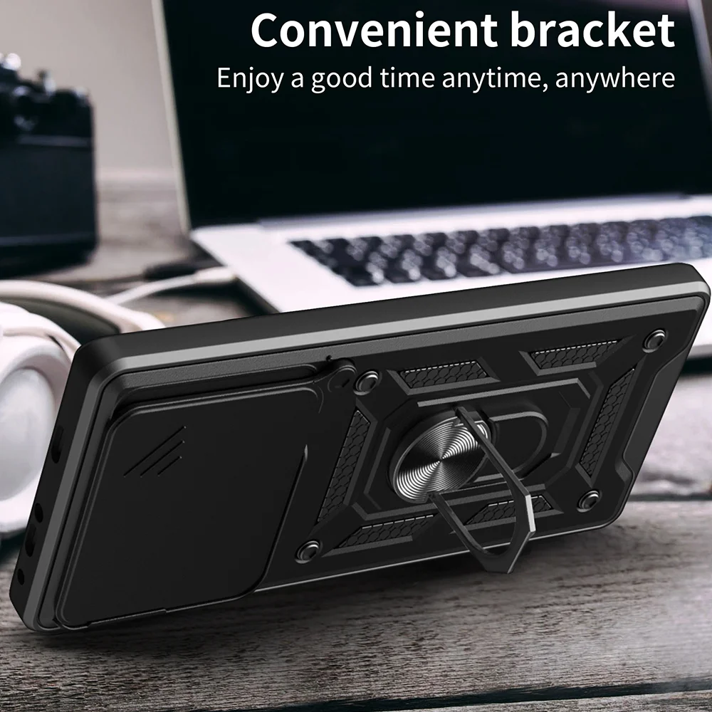 Shockproof Slide Camera Cover with Ring Stand Holder - Protective Phone Case