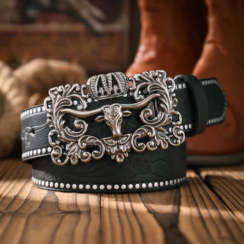 Retro Longhorn Bull Western-Style Belt with Metal Buckle 1