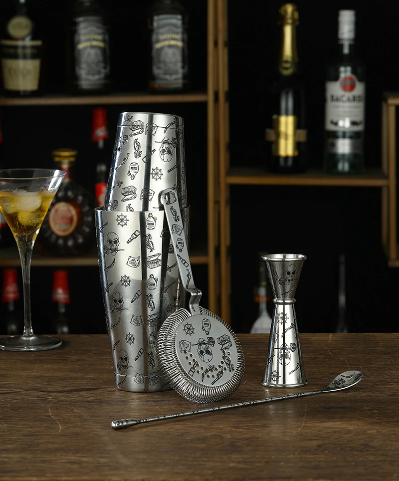 Tattoo Stainless Steel 5 Piece Cocktail Set Tin-on-Tin Shaker, Jigger, Spoon and Strainer Etched W/ Skull Rose /Terra cotta Army