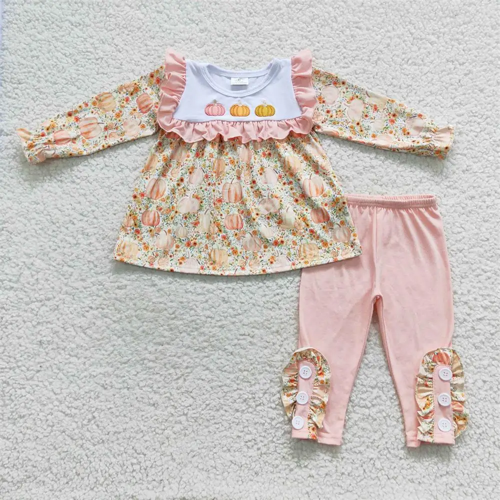 

Wholesale Toddler Thanksgiving Embroidery Outfit Kid Pumpkin Floral Tunic Baby Girl Ruffle Pink Cotton Pants Infant Children Set