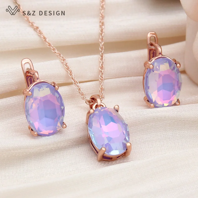 S&Z DESIGN New Fashion Oval Egg Shape Crystal Drop Earrings Jewelry Sets For Women Wedding Party Pendant Necklace Gift