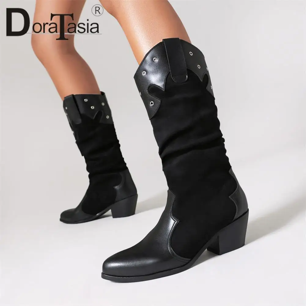 New Ladies Pointed Toe Cowboy Boots Fashion Mixed Colors Chunky Heels women's Western Cowgirl Boots Casual Party Woman Shoes