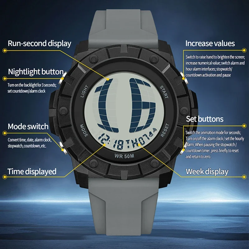 Sanda Hot Selling Men Sports Electronic Watch Silicone Strap Fashion Waterproof 50m Lifting Light Rolling Screen Digital Watch, Alina Gadgets