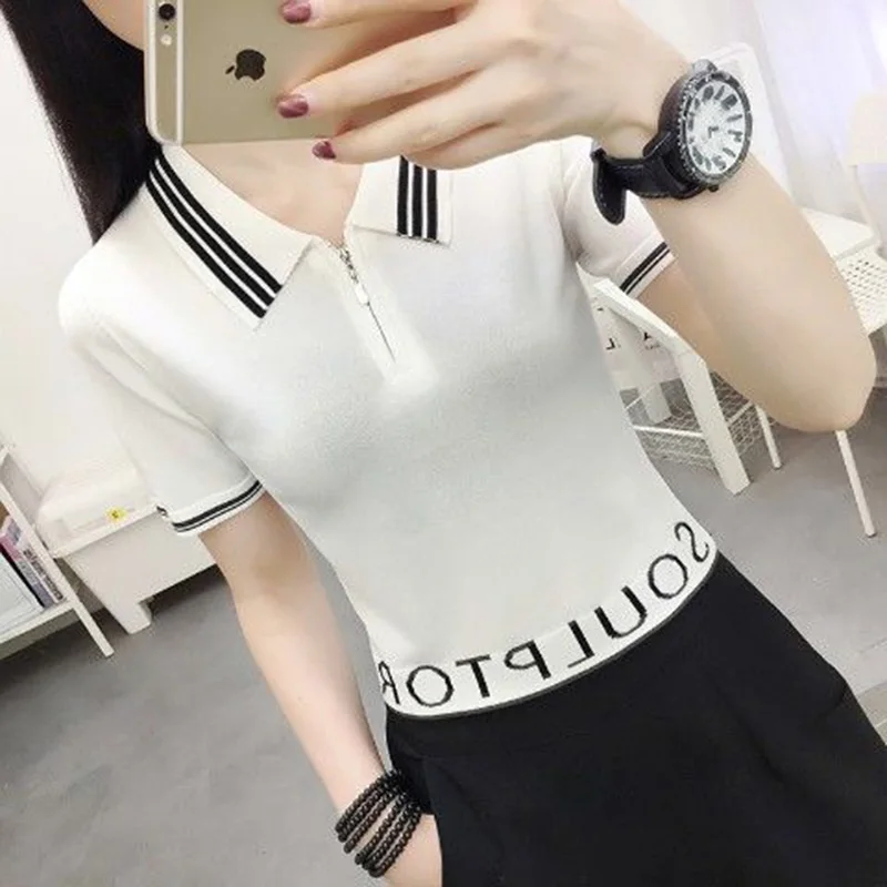 Fashion Lapel Knitted Spliced Zipper Letter Korean Blouse Women's Clothing 2023 Summer New Casual Pullovers Loose Commute Shirt